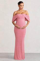 Blush Pink Draped Sleeve Bardot Maternity Maxi Dress